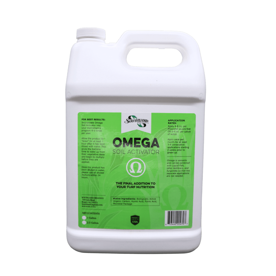Omega Soil Activator for Lawns promotes nutrient uptake and soil health.