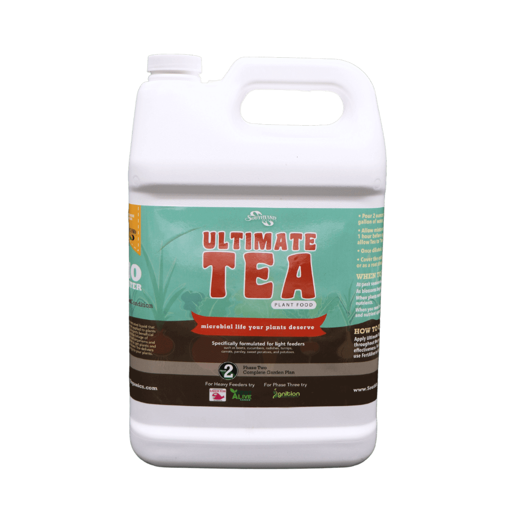 Liquid plant food, Ultimate Tea, boosts nutrient uptake in gardens.